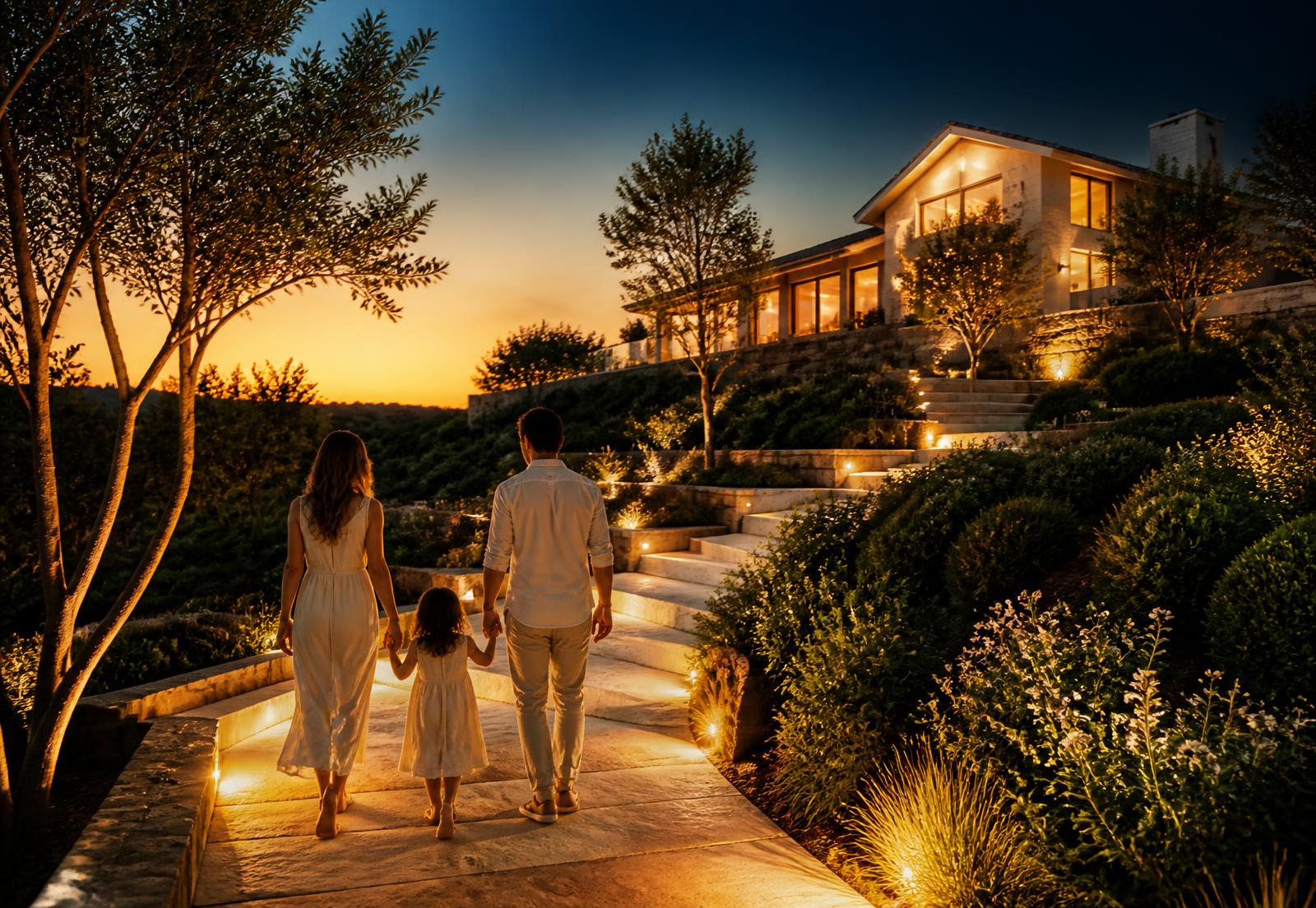 A family walking a warmly lit garden path at sunset toward a beautiful modern home on the hill.