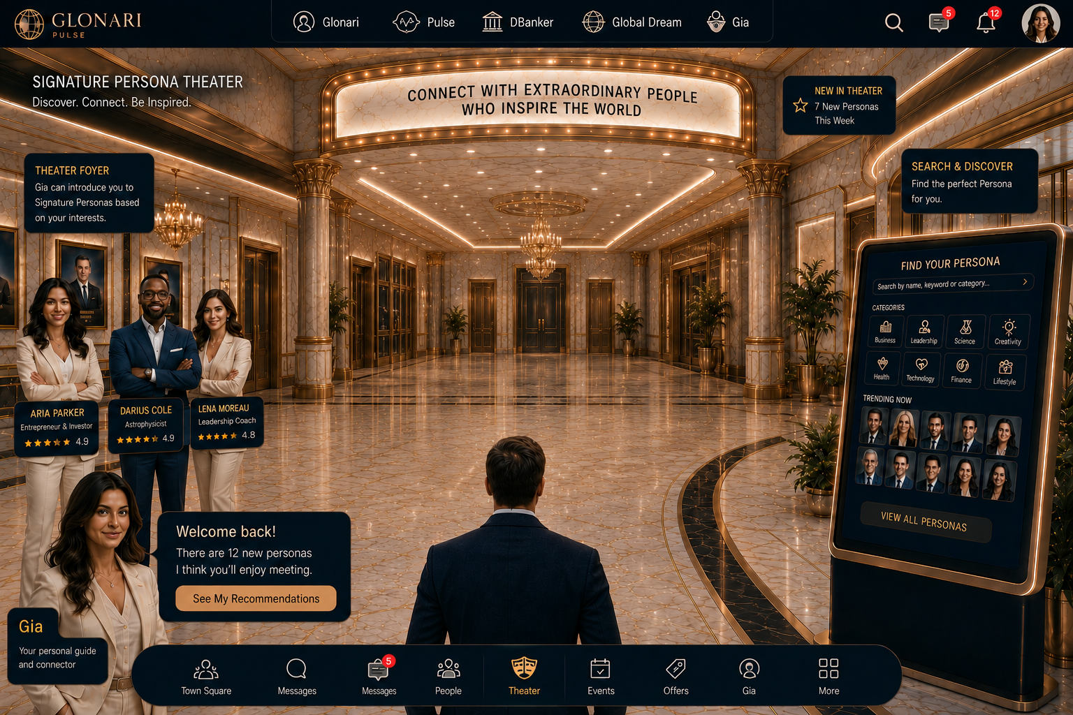 The Signature Persona Theater foyer: a marble lobby with a golden marquee, Gia greeting visitors, and a persona discovery kiosk.