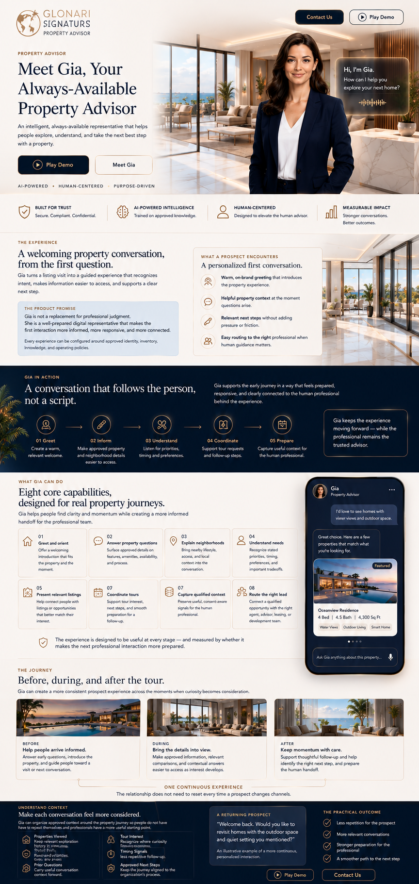 Glonari Property Advisor page: Gia greets a prospect inside a sunlit oceanfront residence, followed by the experience, journey, and capability sections.