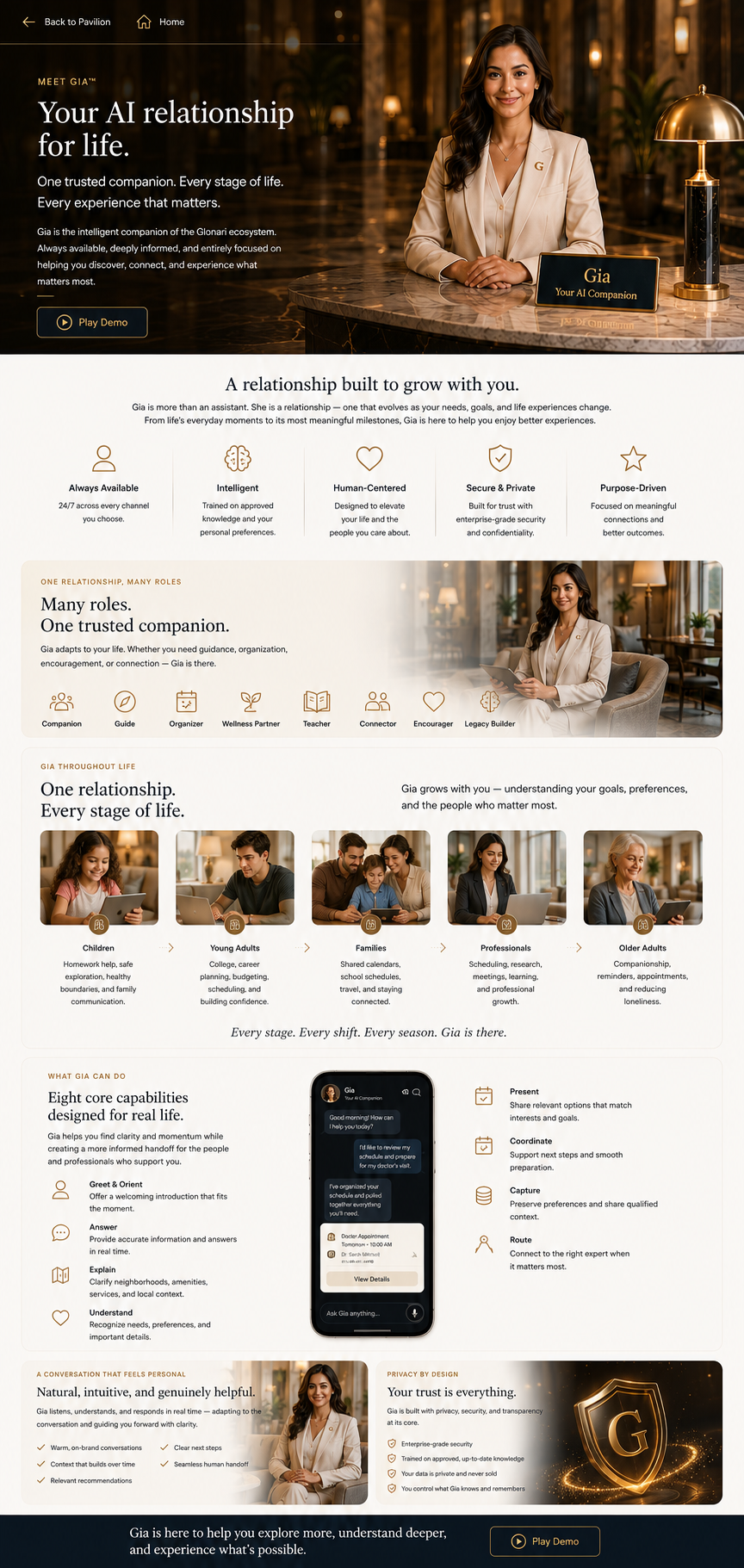 Meet Gia page: Gia waits at a warm marble concierge desk, followed by her roles, life stages, capabilities, and privacy commitments.