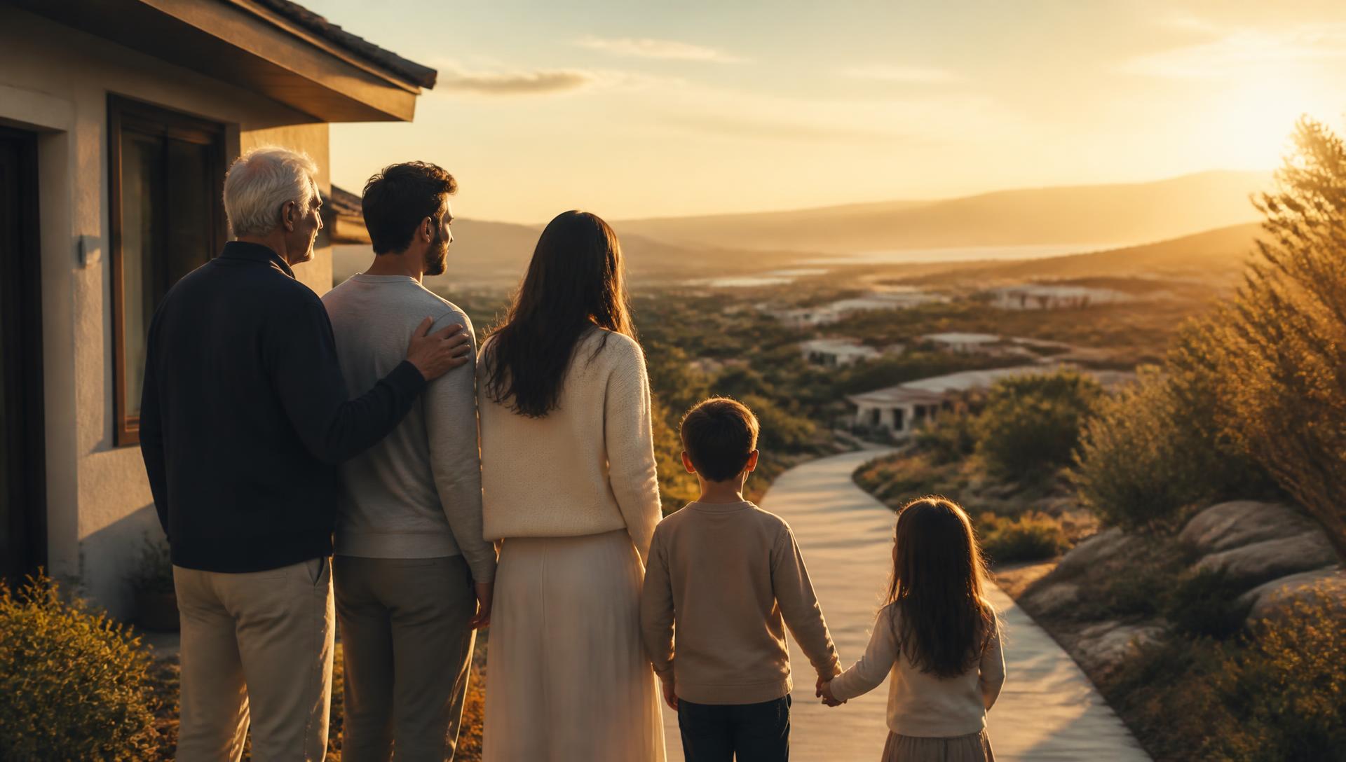 A multigenerational family at golden hour looking out from their home toward a valley of future residences and community.