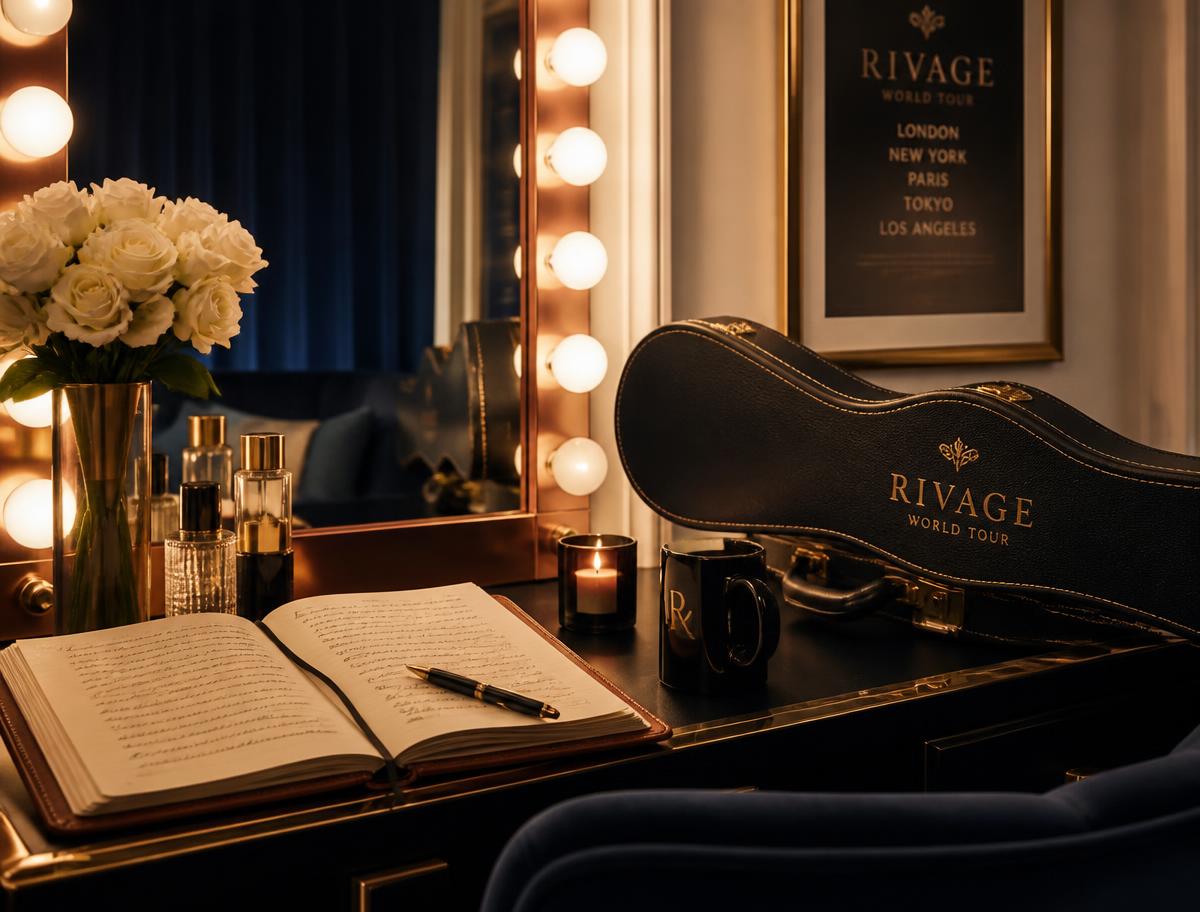 A warm backstage dressing room with a handwritten journal, mirror lights, and an instrument case.
