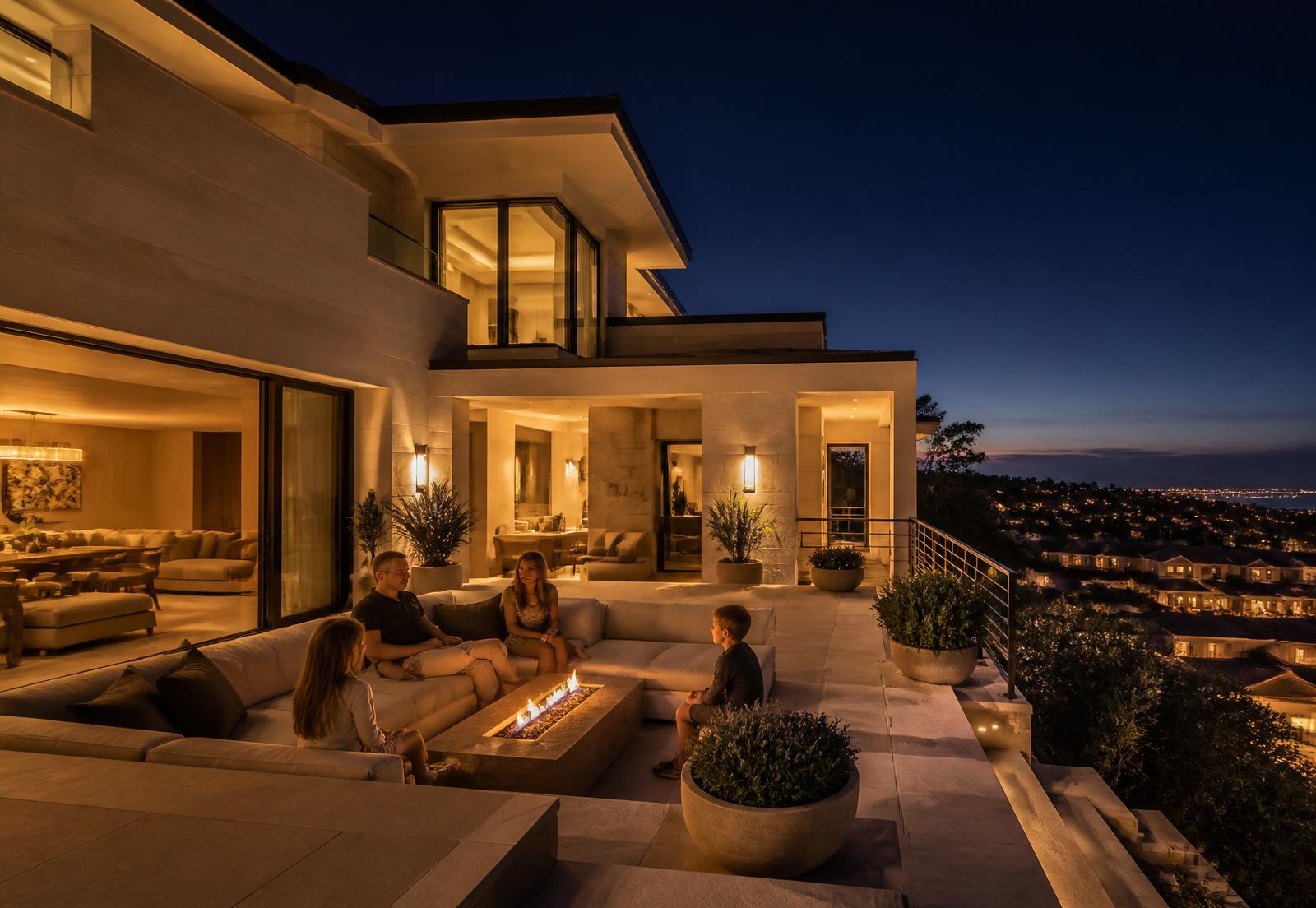 A modern ivory-stone residence at golden hour with a family relaxing on the terrace above a lit neighborhood.