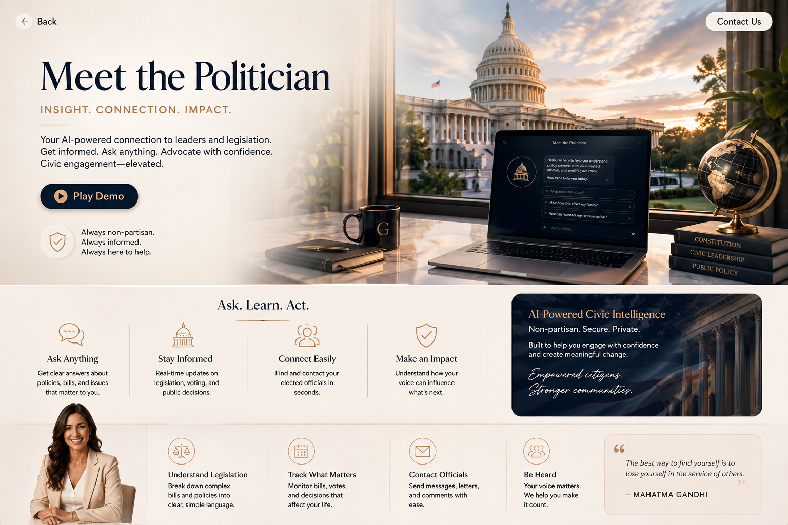 Meet the Politician — a Signature Persona answering constituent questions on a laptop beside the Capitol at sunrise.