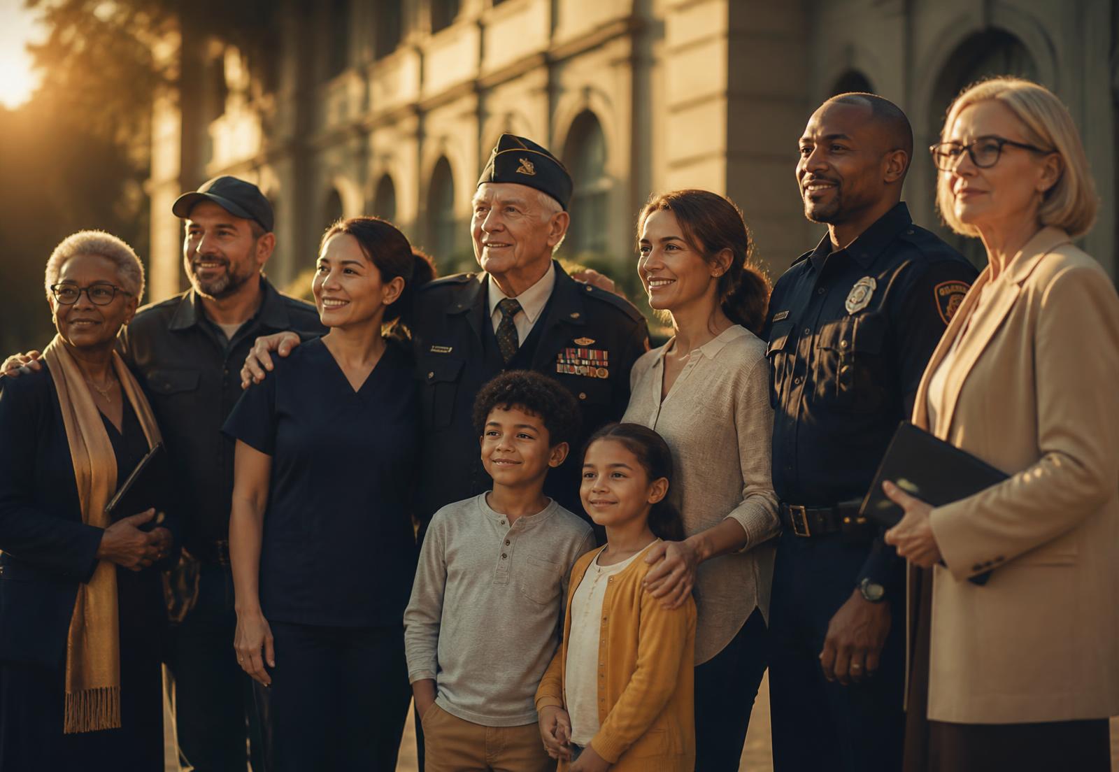 Teachers, veterans, caregivers, first responders and a young family standing together outside a community building at golden hour.