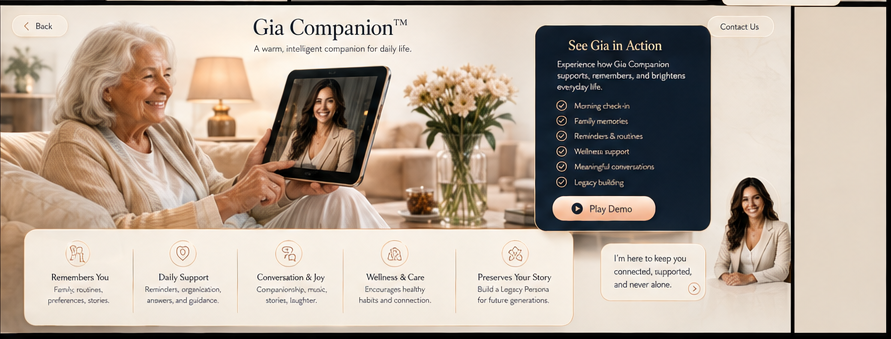 Gia Companion: an older woman smiles at a tablet where Gia is waiting, in a warm sunlit living room.