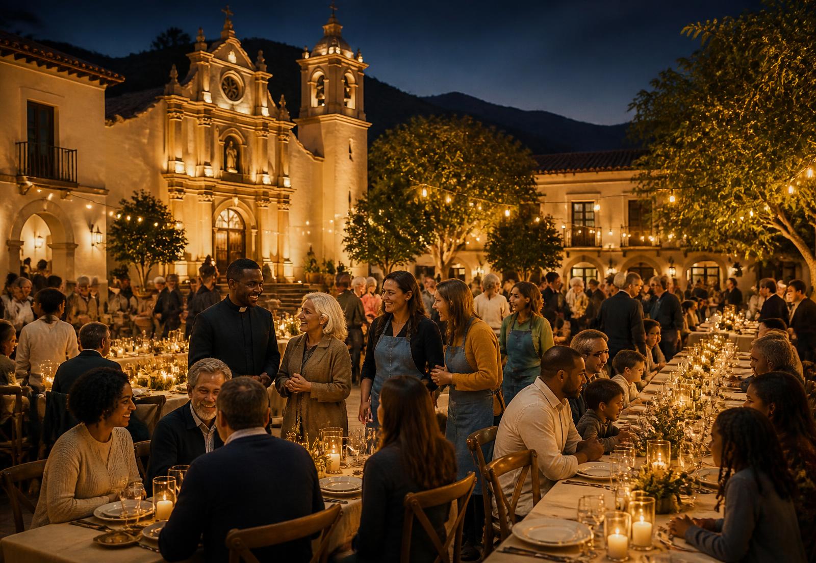 A golden-hour community gathering in a town square with faith leaders, business owners, volunteers and families at long tables.