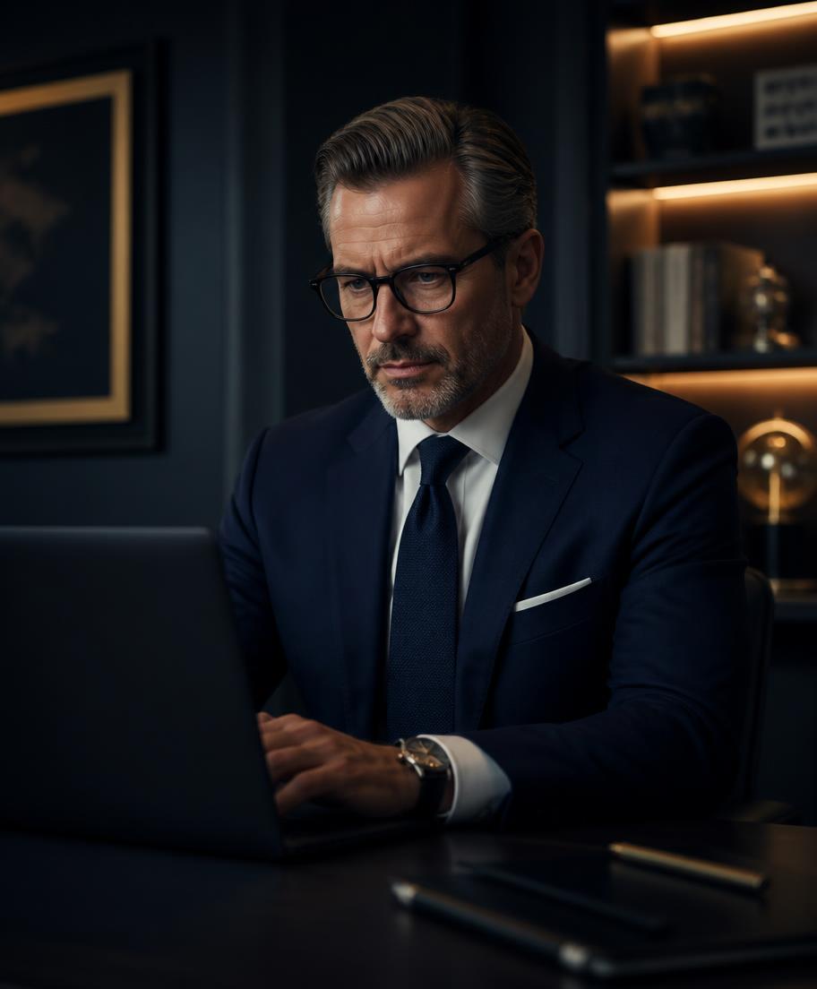 An executive working at a laptop in a midnight navy office.