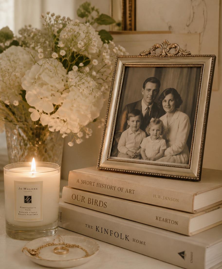 A framed vintage family photograph beside a lit candle and white flowers.